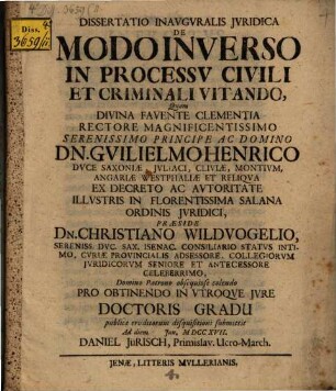 Dissertatio Inavgvralis Jvridica De Modo Inverso In Processv Civili Et Criminali Vitando