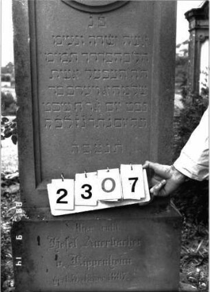 Grabstein 2307 (Index: 100097450) Maße HxBxT: 159x54x23 cm Symbolik: Blumenkranz: Grabstein 2307 (Detailaufnahme)