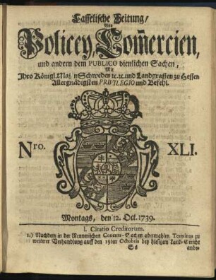 Nro. XLI, Montags, den 12. Oct. 1739