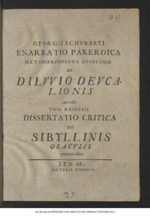 Georgii Schubarti Enarratio Parergica Metamorphoseos Ovidianae De Diluvio Deucalionis