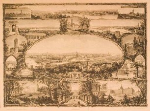 Blick auf Potsdam vom Brauhausberg, umgeben von 13 Detailansichten der Stadt