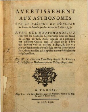 Avertissement aux astronomes sur le passage de Mercure audevant du soleil 1752