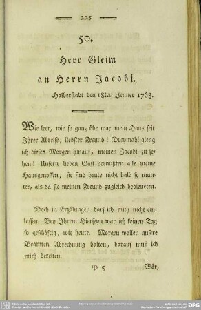 50. Herr Gleim an Herrn Jacobi. Halberstadt den 18ten Jenner 1768