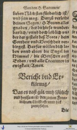 Bericht und Erklärung Das es vast guot, nutz, löblich und heylsam ist den zarten Fronleichnam Christi offt unnd dick zuempfahen