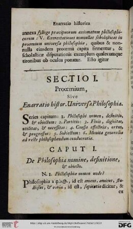 Sectio I: Prooemium, sive enarratio histor. Universae Philosophiae