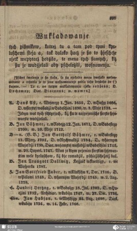 Wukładowanje tych pißmikow, kotreż tu a tam pob tymi kyrluschemi steja a, tak daloko hacż je ßo to hjeschcże njetk wupytacż hodżiło, te mena tych ßamych, kiż ßu je wudżjełali aby pschełożili, wosnamenja