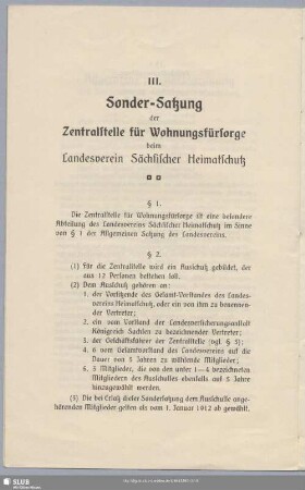III. Sonder-Satzung der Zentralstelle für Wohnungsfürsorge beim Landesverein Sächsischer Heimatschutz