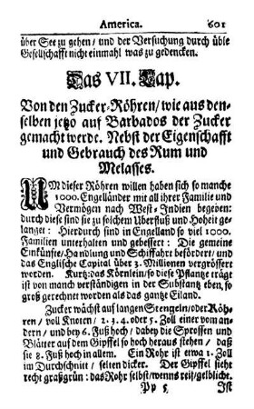 Das VII. Kap. - Von den Zucker-Röhren-wie aus denselben jetzo auf Barbados der Zucker gemacht werde. Nebst der Eigenschaft und Gebrauch des Rum und Melasses.