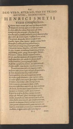 Deo Vero, Aeterno, Uni Et Trino Servatori, Eucharisticon, Henricii Smetii vitam complectens.