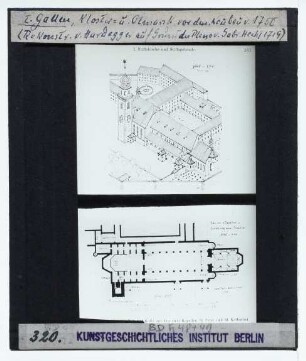 St. Gallen, Kloster,St. Gallen, Stiftkirche,unbekannt, St. Galler Klosterplan (St. Gallen Stiftsbibliothek) : Rekonstruktion des Bauzustands vor 1719, Perspektivzeichnung, Grundriss.