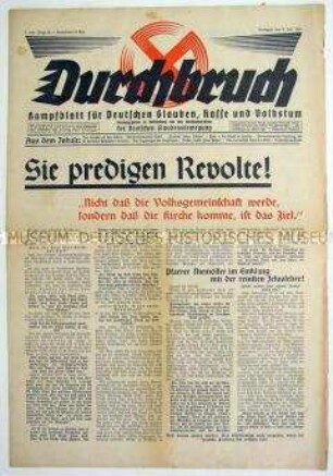 Religiöse Wochenzeitung "Durchbruch" zur nationalsozialistischen Kirchenpolitik