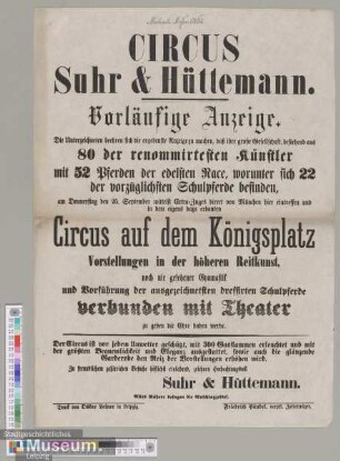 Circus Suhr & Hüttemann. Vorläufige Anzeige.