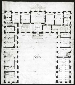 Entwurf für ein Schloss : Entwurf für ein Schloss. Grundriß (EG). Blatt 9. Feder, Tusche, farbig laviert; 50,7 x 44,0 cm (Blattgröße). Aus: Plans et elevations des differentes maisons et batiments, 1750. Verwalter: Sächsische Landesbibliothek - Staats- und Universitätsbibliothek Dresden (SLUB) Archit.269
