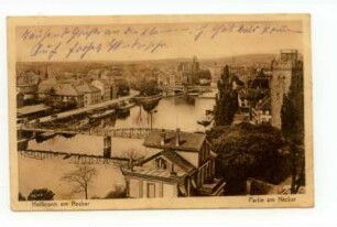 "Partie am Neckar" - Gesamtansicht mit Götzenturm, Eiserner Steg, Badstraße, Neckarbrücke