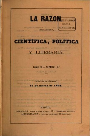 La Razon : revista quincenal científica, política y literaria. 2. 1861