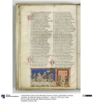 Hüon d'Auvergne, Roman in Versen, geschrieben v. Nicolas Trombeor. die Tafel des Königs, von einem Teufel bedient. Daneben bewirtet Hüon einen Pilger