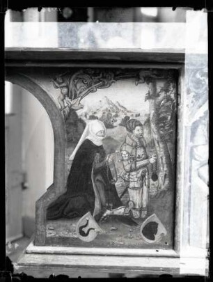 Gotische Kirche 1421; Predella, Gemälde, Stifter der Kirche, vor und nach der Restaurierung