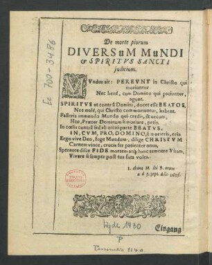 De morte piorum Diversum Mundi et Spiritus Sancti judicium.