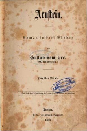 Arnstein : Roman in drei Bänden von Gustav vom See. . 2