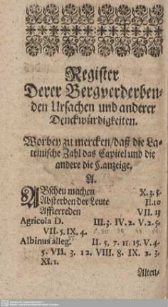 Register Derer Bergverderbenden Ursachen und anderer Denckwürdigkeiten.