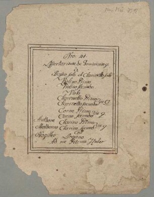 Domine Dominus noster, B, cl, orch, G-Dur - BSB Mus.ms. 7518 : [dust cover title:] Nro: 41. // Offertorium de Dominica in G. // à // Basso solo et Clarinetto solo // Violino Primo // Violino secundo // Viola // Clarinetto Primo // [brace:] in C // Clarinetto secundo // Corno Primo // [brace:] in G // Corno secundo // Clarino Primo // [brace:] in G // Clarino secundo // con // Organo // Ad me Petrum Huber [left side:] Authore // Matthaeus // Nagiller