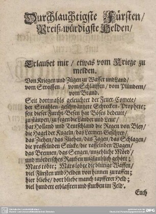 Durchlauchtigste Fürsten/ Preiß-würdigste Helden.