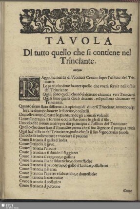 Tavola di tutto quello che si contiene nel Trinciante