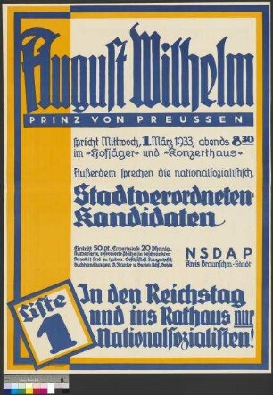 Plakat der NSDAP zu einer Wahlkundgebung am 1. März 1933 in Braunschweig
