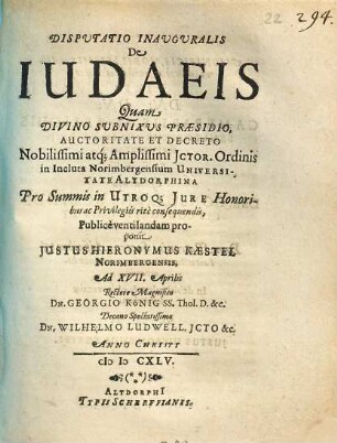 Disputatio Inauguralis De Iudaeis