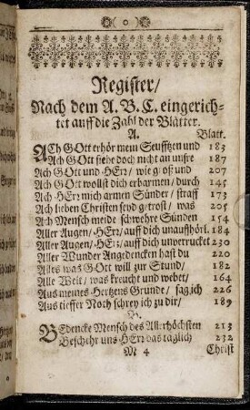 Register / nach dem A. B. C. eingerichtet auff die Zahl der Blätter.