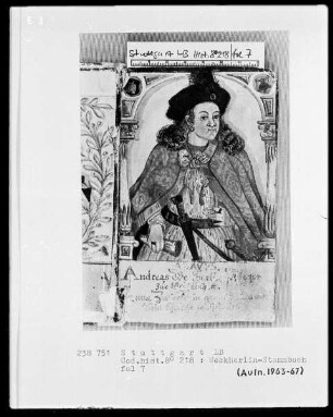 Stammbuch des Johannes Michael Weckherlin — Bildnis des Ahnherrn Andreas Weckherlin, Folio 7recto