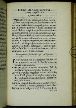 Liber Asterismorum Antonii Mizaldi, hæc in summæ habet.