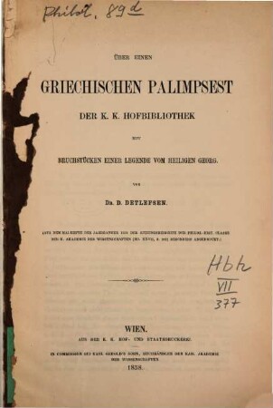 Über einen griechischen Palimpsest der k. k. Hofbibliothek mit Bruchstücken einer Legende vom heiligen Georg
