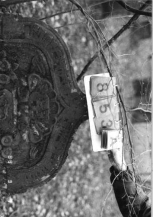Grabstein 853 (Index: 99751250) Material: Sandstein Zustand: leicht verwittert mit Textverlust Maße HxBxT: 129x79x14 cm Beschreibung: Stele, Kielbogenabschluß, Schriftfeld eingetieft Symbolik: Wappenschild mit Kanne, Muschel, Trauben, Blüten, Ranken: Grabstein 853A