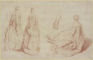 Zwei stehende Damen in Rückansicht, eine Hand und eine sitzende Dame