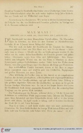 Neue Folge 34 = Jahrgang 58: Max Maas † : geboren am 24. April 1852, gestorben am 2. Januar 1923