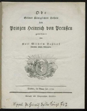 Ode Seiner Königlichen Hoheit dem Prinzen Heinrich von Preußen gewidmet