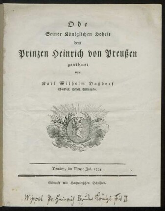 Ode Seiner Königlichen Hoheit dem Prinzen Heinrich von Preußen gewidmet