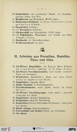 Arbeiten aus Porzellan, Majolika, Thon und Glas (Nr. 72-153)