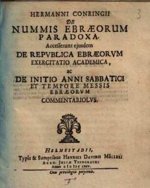 Hermanni Conringii De Nummis Ebraeorum Paradoxa
