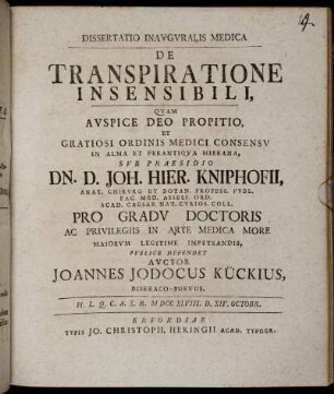 Dissertatio Inavgvralis Medica De Transpiratione Insensibili