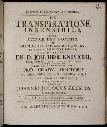 Dissertatio Inavgvralis Medica De Transpiratione Insensibili