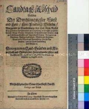 Landtagsabschied von Friedrich Wilhelm Kurfürst von Brandenburg für das Herzogtum Kleve