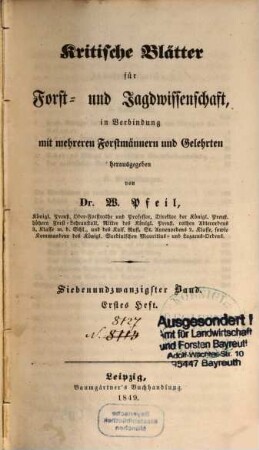 Kritische Blätter für Forst- und Jagdwissenschaft. 27. 1849