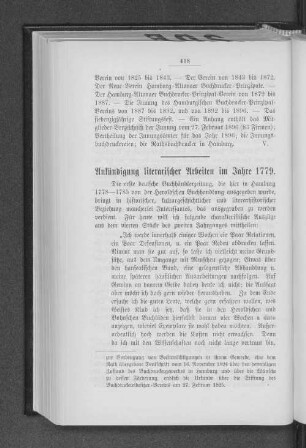 Ankündigung literarischer Arbeiten im Jahre 1779.