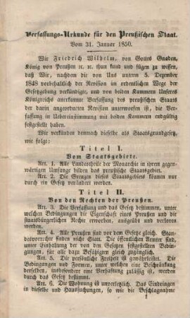 Verfassungs-Urkunde für den preußischen Staat. Vom 31. Januar 1850.