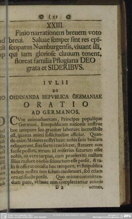 Iulii Oratio De Ordinanda Republica Germaniae Et Epistolae Curiosae