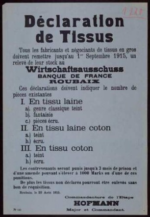 "Déclaration de Tissus" (Aufforderung zur Anmeldung von Stoffvorräten) (No. 141)