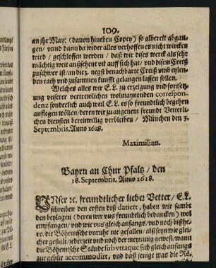 109-110, Bayrn an Chur Pfaltz den 18. Septembris Anno 1618
