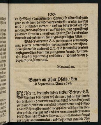 109-110, Bayrn an Chur Pfaltz den 18. Septembris Anno 1618